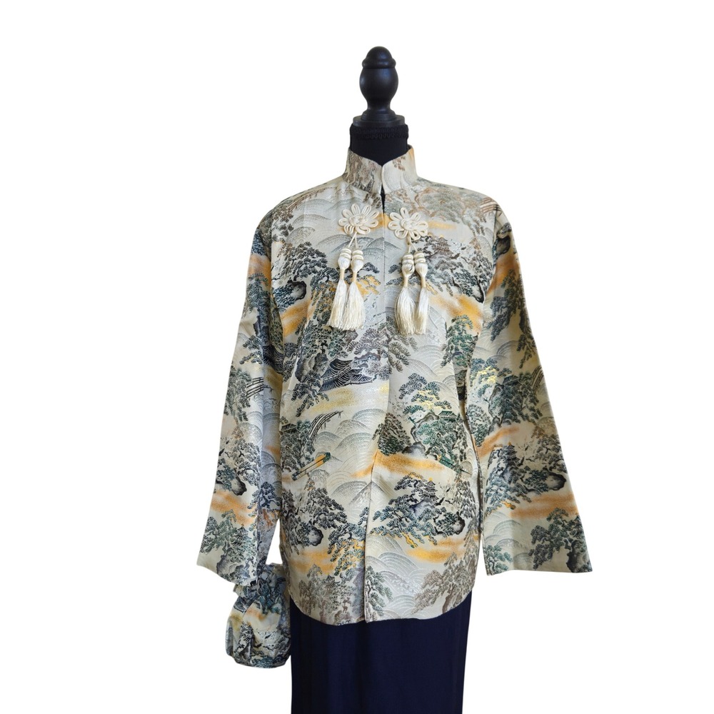 Vintage Brocade Moa Collar 1950s Jacket and Purse M Champagne Landscape Formal